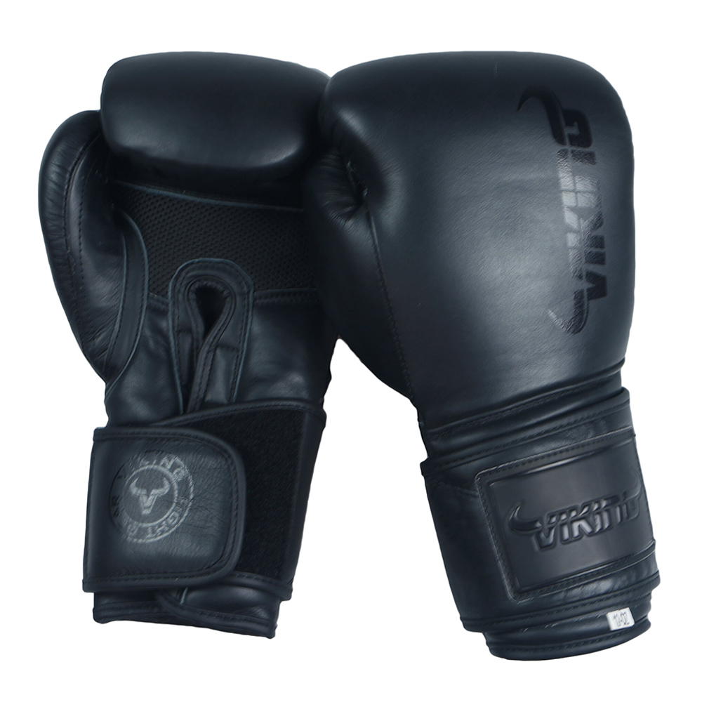 Viking Power Pro Leather Boxing Gloves -Black/Black-16oz-0