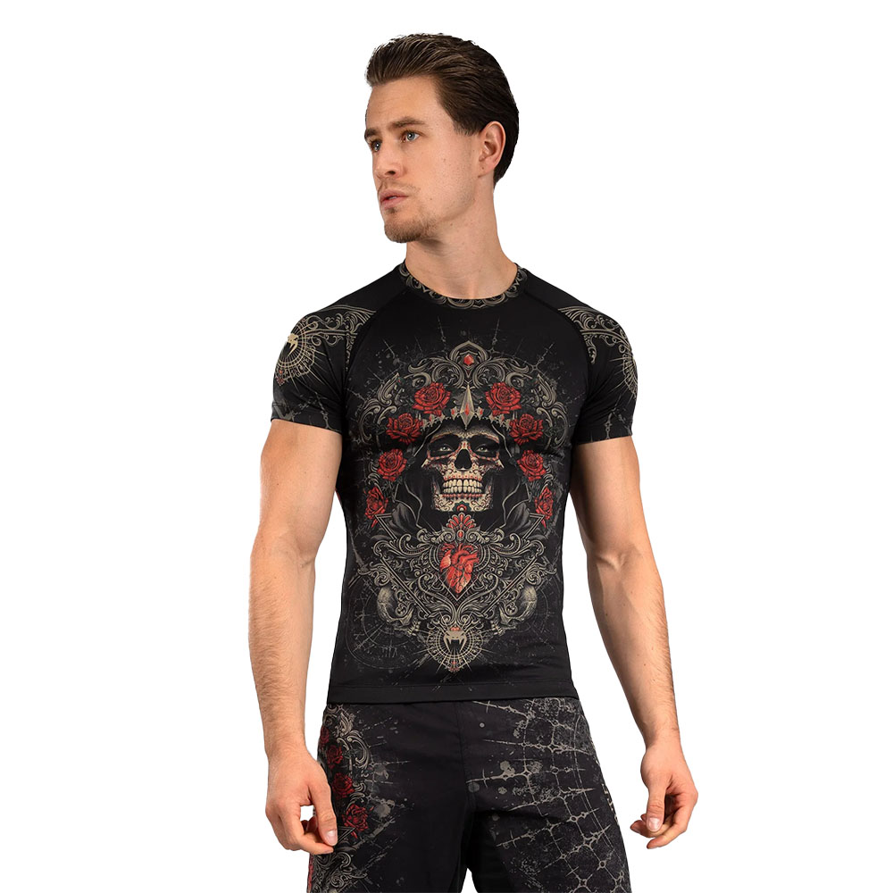 Venum Santa Muerte 5.0 Men's Short Sleeve Rashguard - Deep Black/Gold