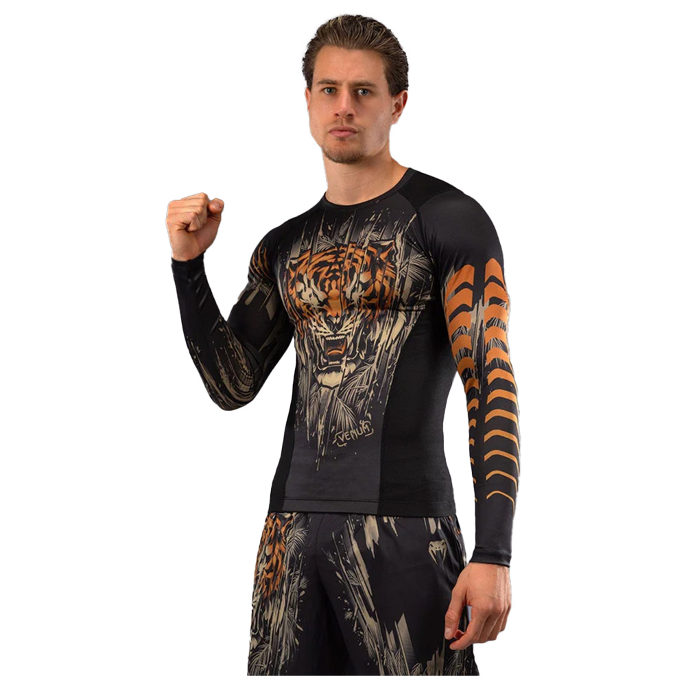 Venum Tiger Men's Long Sleeve Rashguard - Black/Neon Orange