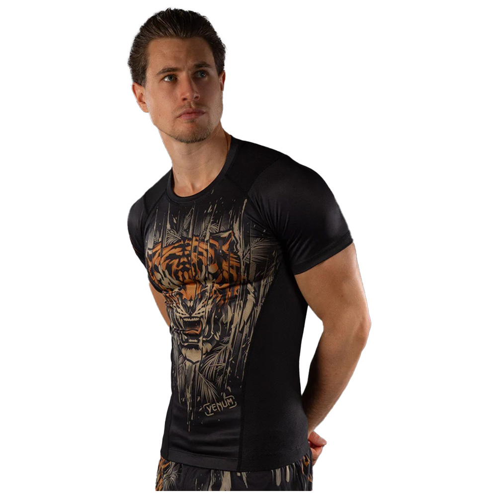 Venum Tiger Men's Short Sleeve Rashguard - Black/Neon Orange